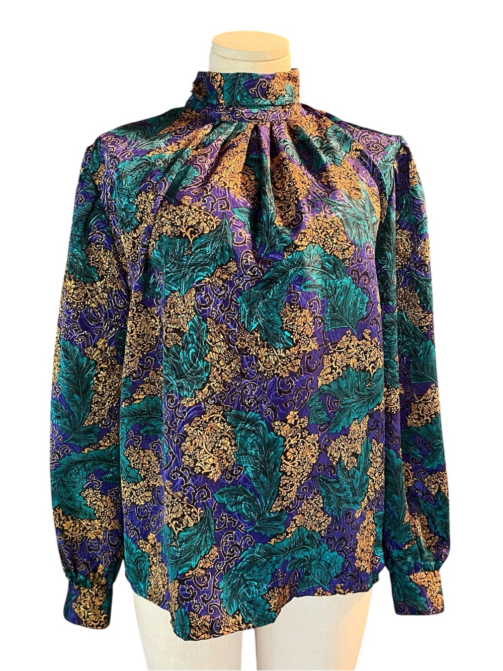 Vintage Buttoned High Neck Floral Print Blouse - Blue/Teal/Gold